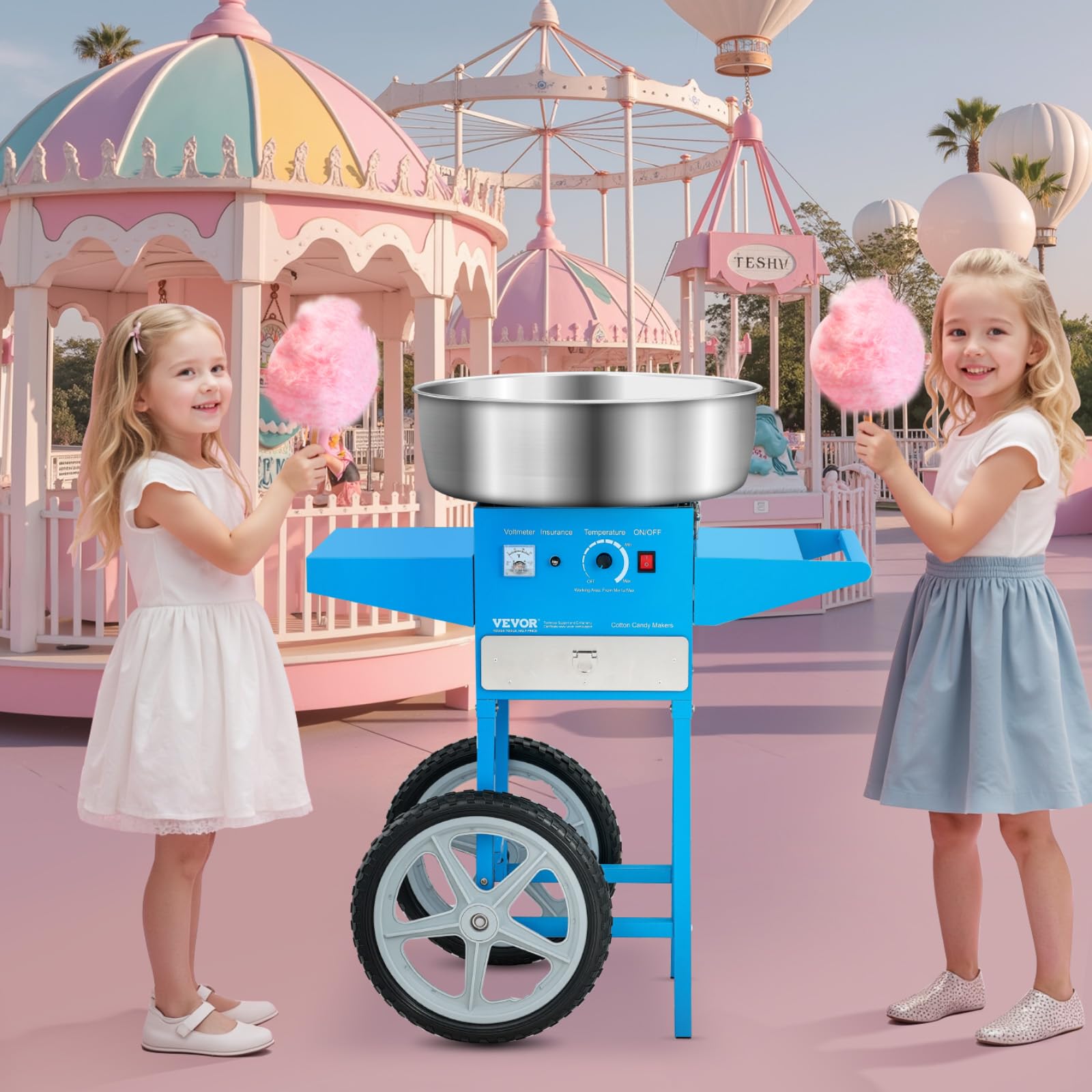 VEVOR Máquina Eléctrica de Algodón de Azúcar con Carro, 1000 W, con Recipiente de Acero Inoxidable de 52 cm, con Cuchara, para Hogar, Cumpleaños, Fiestas Familiares, Azul, 819 x 520 x 855 mm