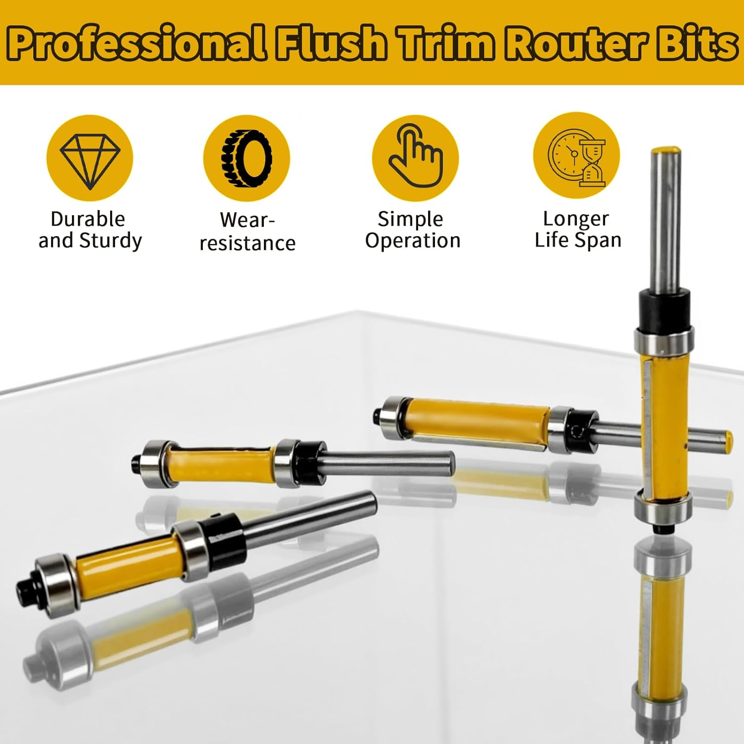 4PCS Flush Trim Router Bit Set 1/4 Shank Top and Bottom Bearing Flush Trim Router Bits, 1/2 Inch Cutting Diameter, 3/4", 1", 1-1/4", 1-1/2" Cutting Length