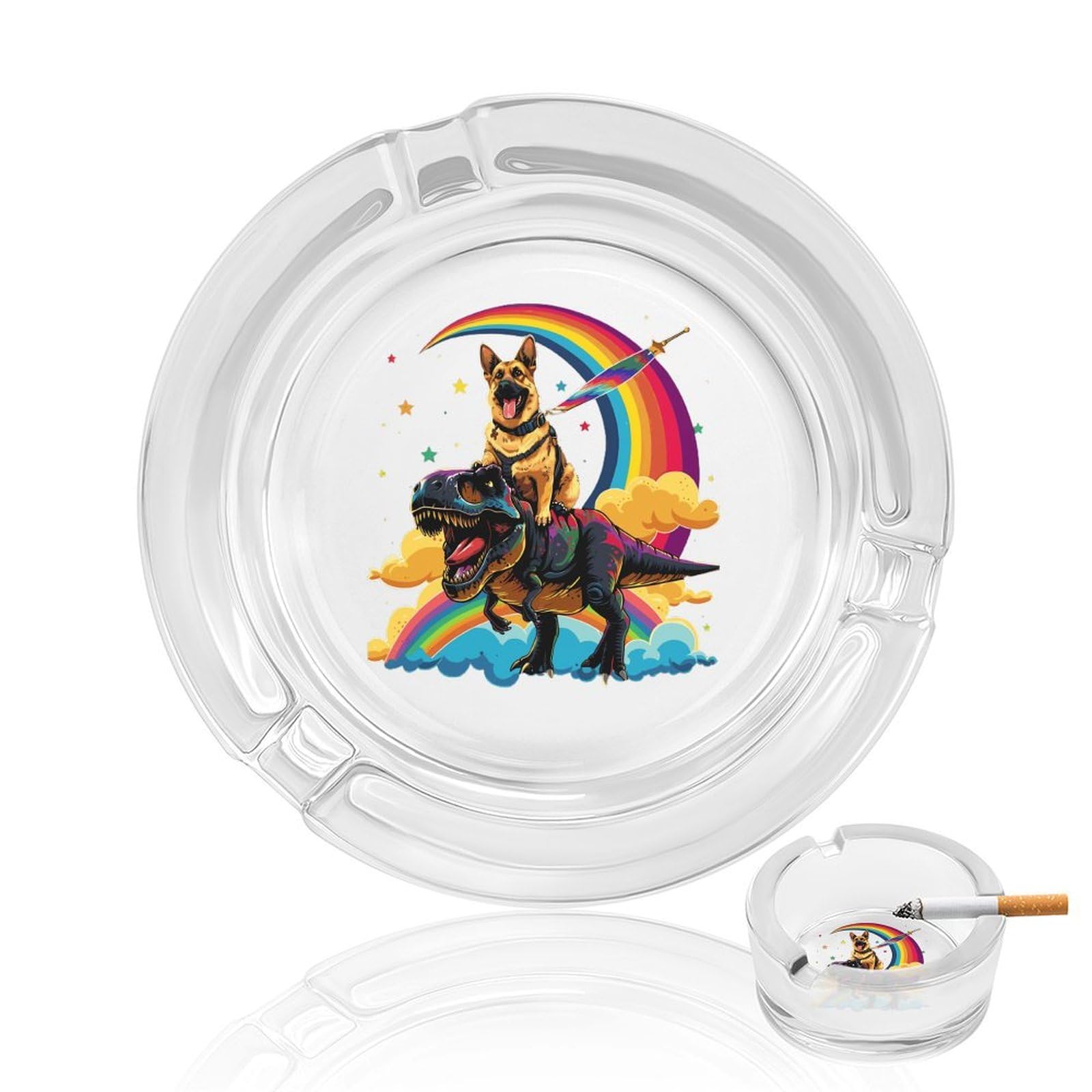 German Shepherd Riding Ashtray Portable Round Glass Outdoor Ash Tray for Home Office Garden Pub