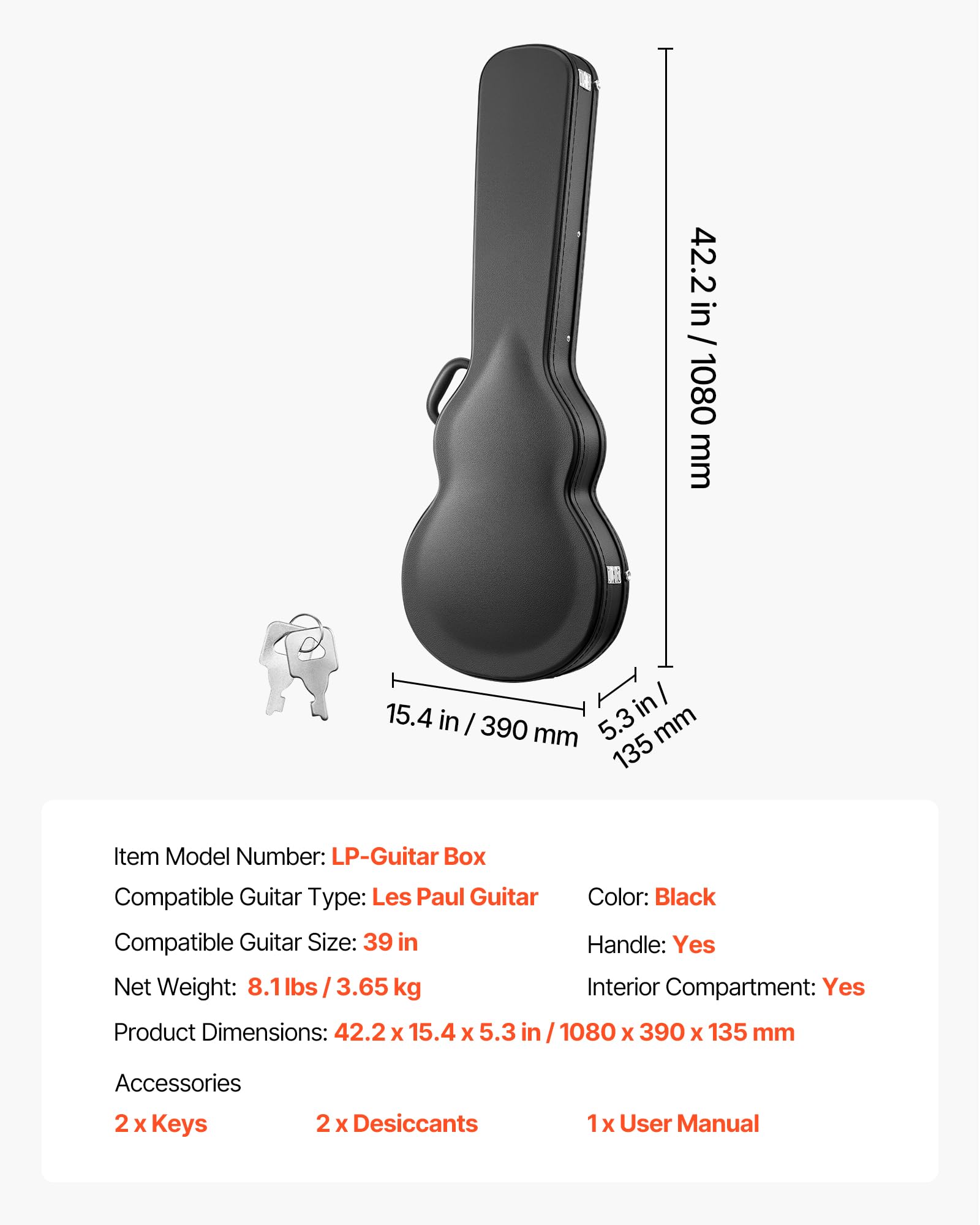 VEVOR Estuche para Guitarra Eléctrica de 39 Pulgadas 99,1cm Negro de Madera, para Guitarras Les Paul, con Cerradura, Inserto de Espuma, Llaves, Compartimento para Accesorios, Resistente al Desgaste
