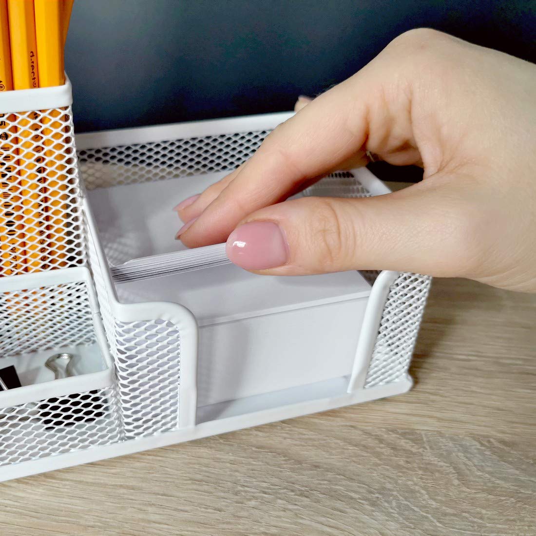 Leviatan organizer na biurko, półka biurowa z uchwytem na długopisy i uchwytem na karteczki, metalowa siatka 205 x 103 x 98 mm, kolor masy perłowej