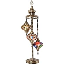 DEMMEX Turkish Moroccan Mosaic Floor &amp; Table Lamp, 37" (95cm) Tall, Handmade Boho Tiffany-Style Light with 3 Large 7" Globes, Artisan Decor, Antique Brass Finish, North American Use (Multicolors)
