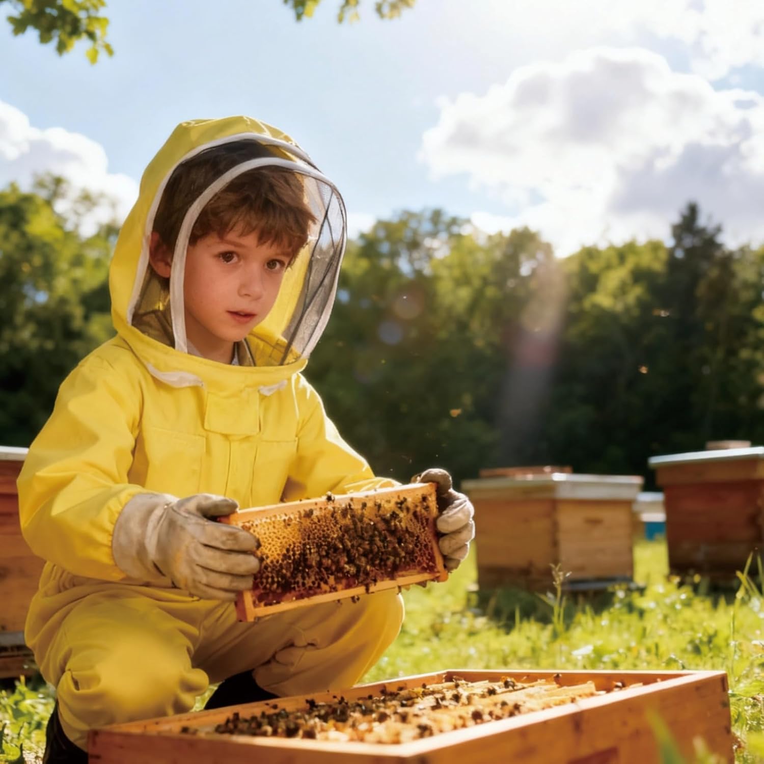 Young Explorers Bee Suit, Full Body Protection, Cotton Twill, Yellow Beekeeper Suit for Young Explorer L Size