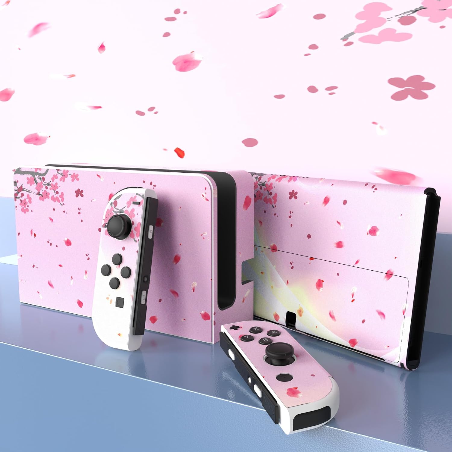PlayVital Full Set Protective Stickers for Nintendo Switch OLED Model, Customized Vinyl Decal Skins for Switch OLED Console & Joycon & Dock & Grip - Pink Cherry Blossom image 3