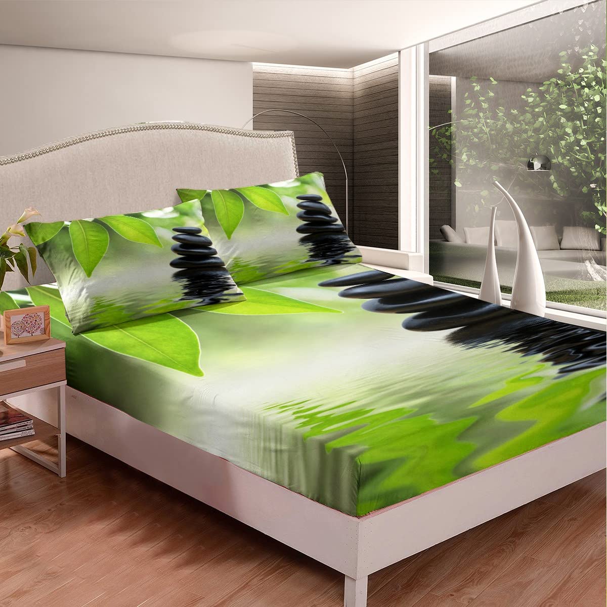Zen Stones Bedding Sheet for Girls Boys Meditation Fitted Sheet Leaf Tranquil Nature Artwork Single Size 2Pcs