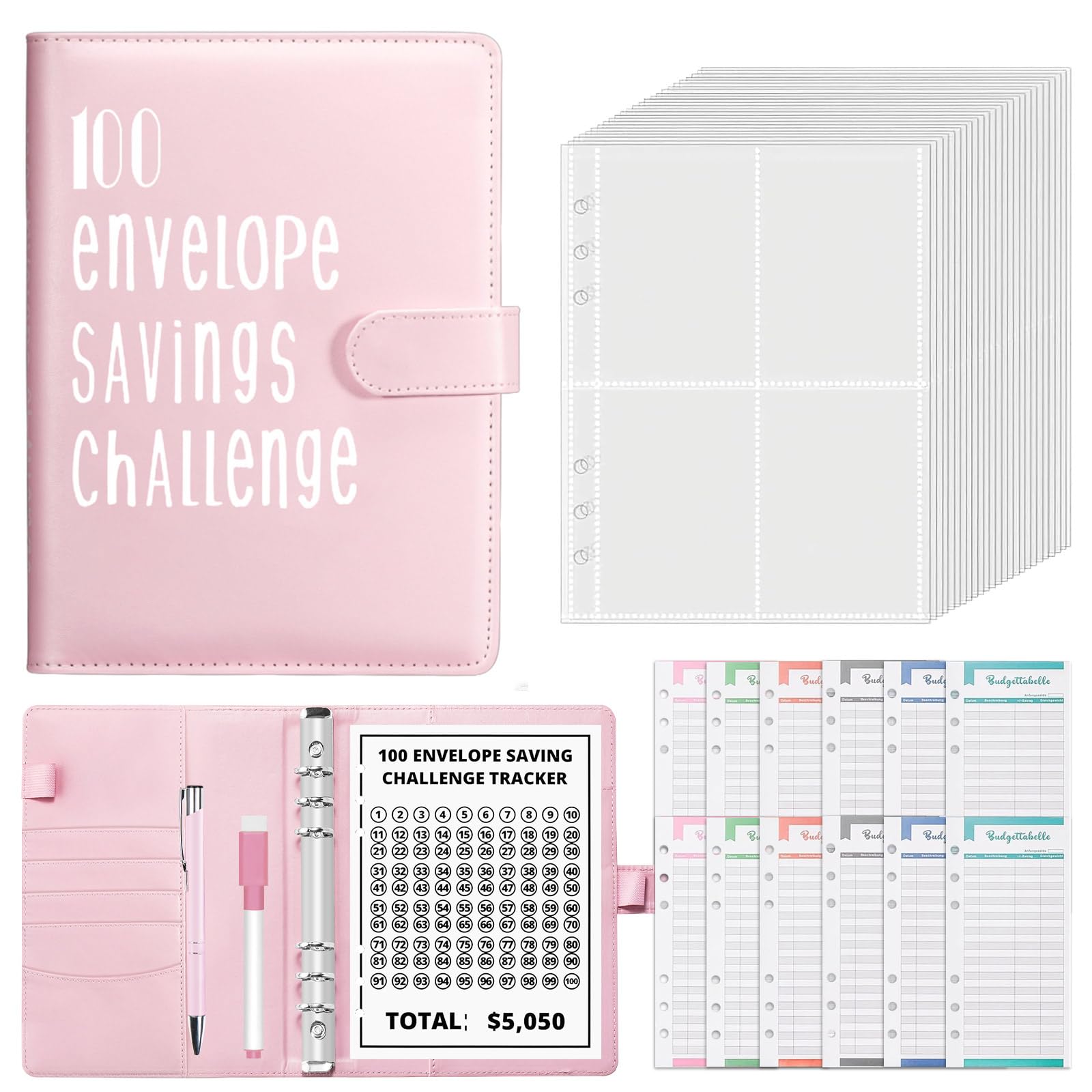 Classeur de Défi 100 Enveloppes A5 Budget Cahier avec Stylo Feuilles Rose