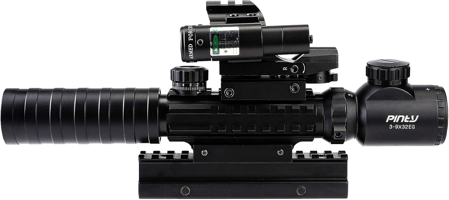 Pinty Rifle Scope 3 9x32 Rangefinder Illuminated Optics Red Green Reflex 4 Reticle Sight Green Dot Laser Sight with 14 Slots 1 inch High Riser Mount,45 Degree Mount Photo