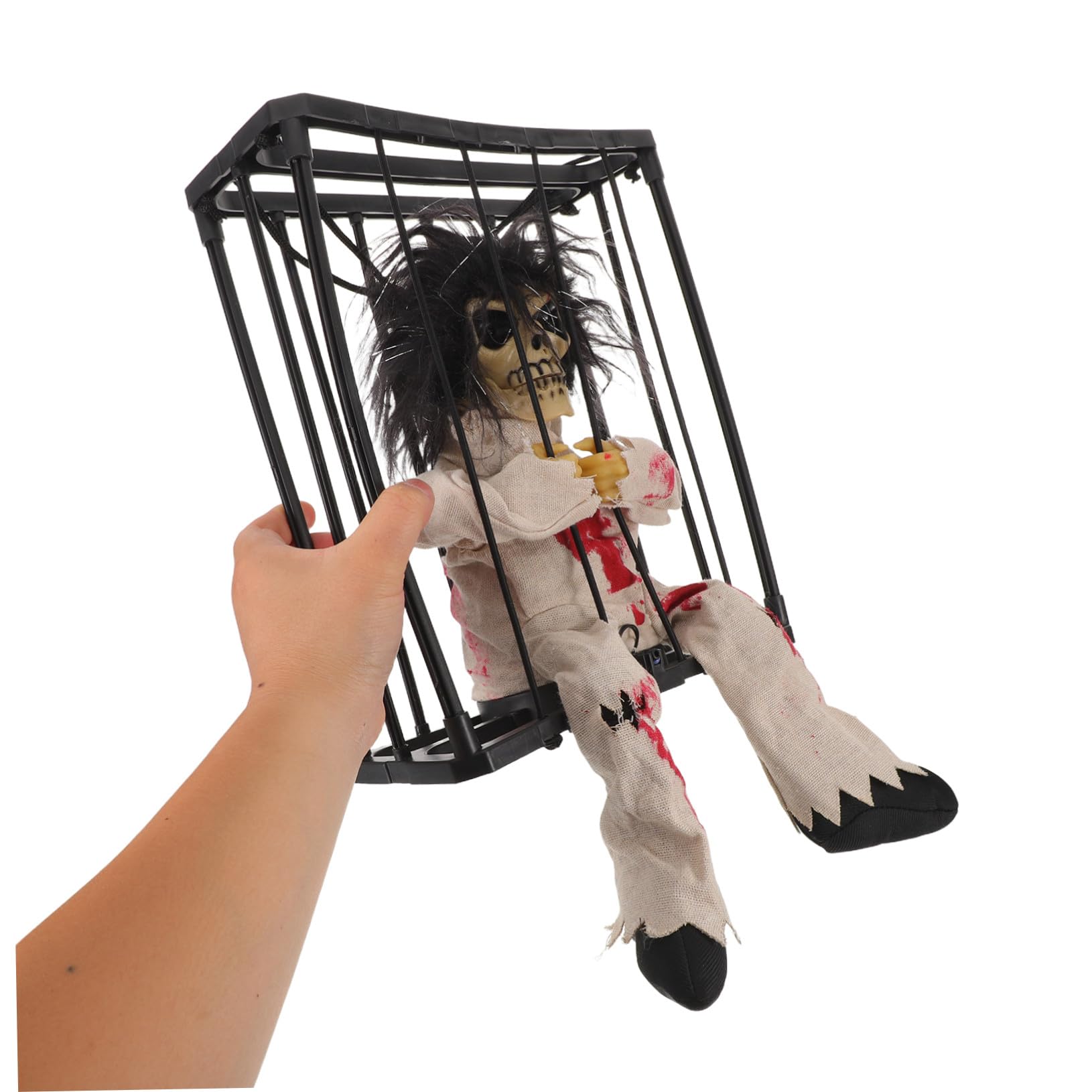 Decorazione Halloween Scheletro Animato con Sensore di Movimento Gabbia Fantasma Elettrica con Effetti Sonori Spaventosi e Stampa Leopardo Addobbo Horror da Appendere per Feste e