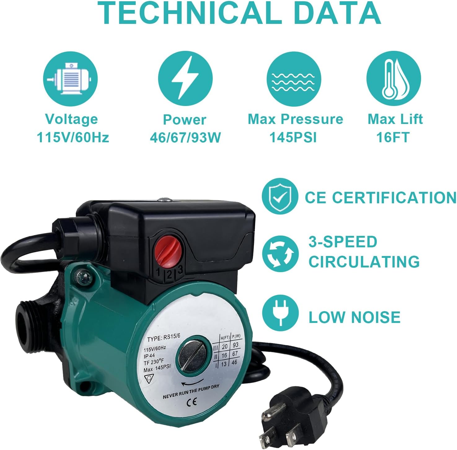 Water Recirculating Pump 115V,145PSI Heat Circulation Pump for Solar Heater System,3-Speed Control Red Hot Water Pump for Boiler House Industrial Equipment