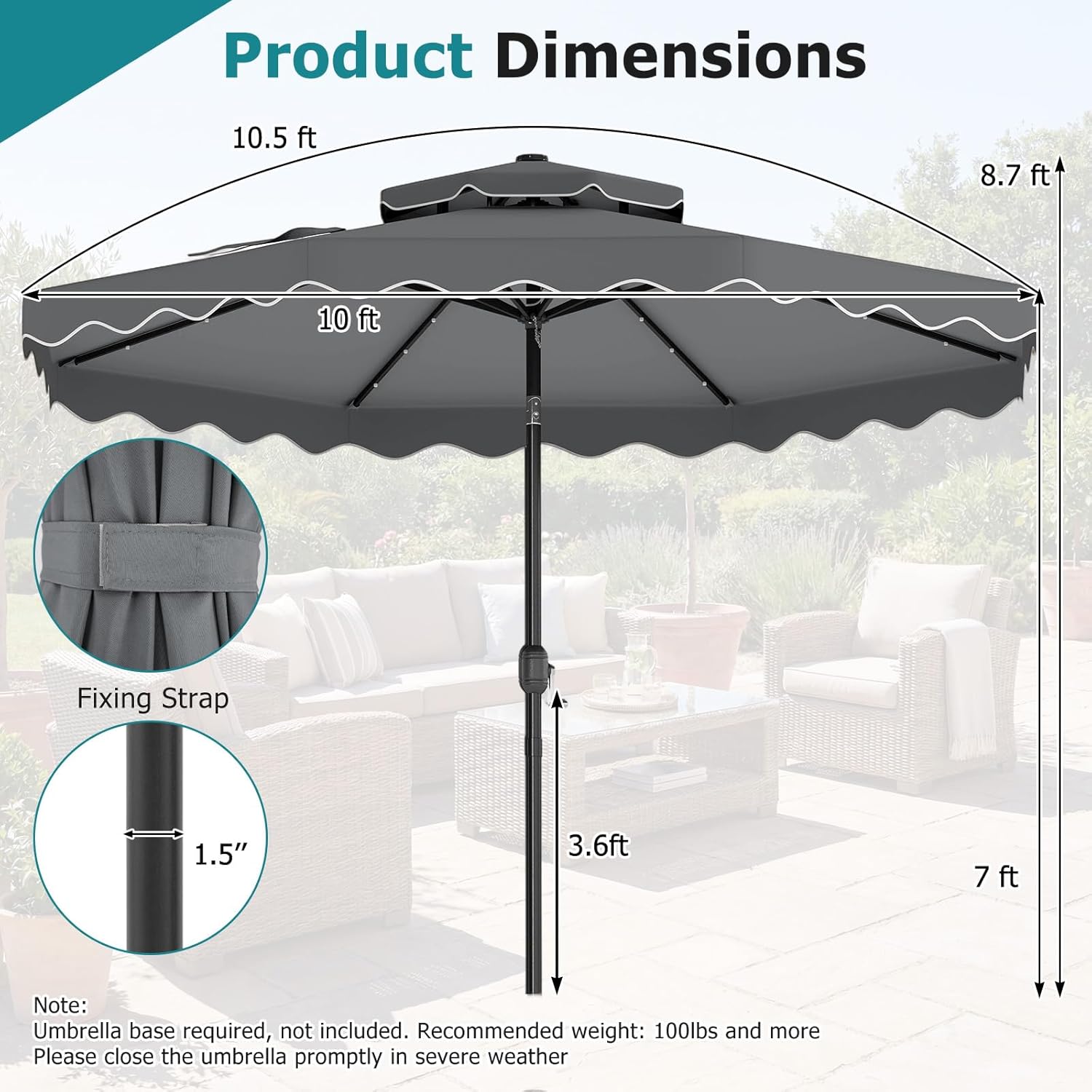 Diagram illustrating the product dimensions of the 10 FT Happygrill patio umbrella, including height, canopy diameter, and pole diameter.