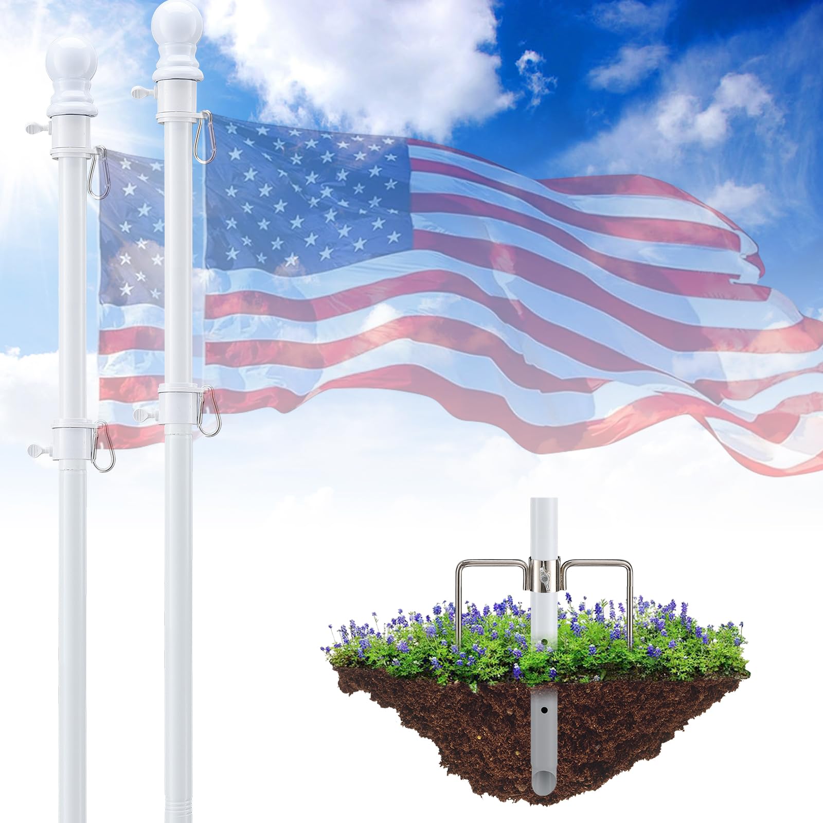 Amazon.com : 2 Pack Heavy Duty Ground Flag Pole Kit - 8.2FT Tangle Free ...