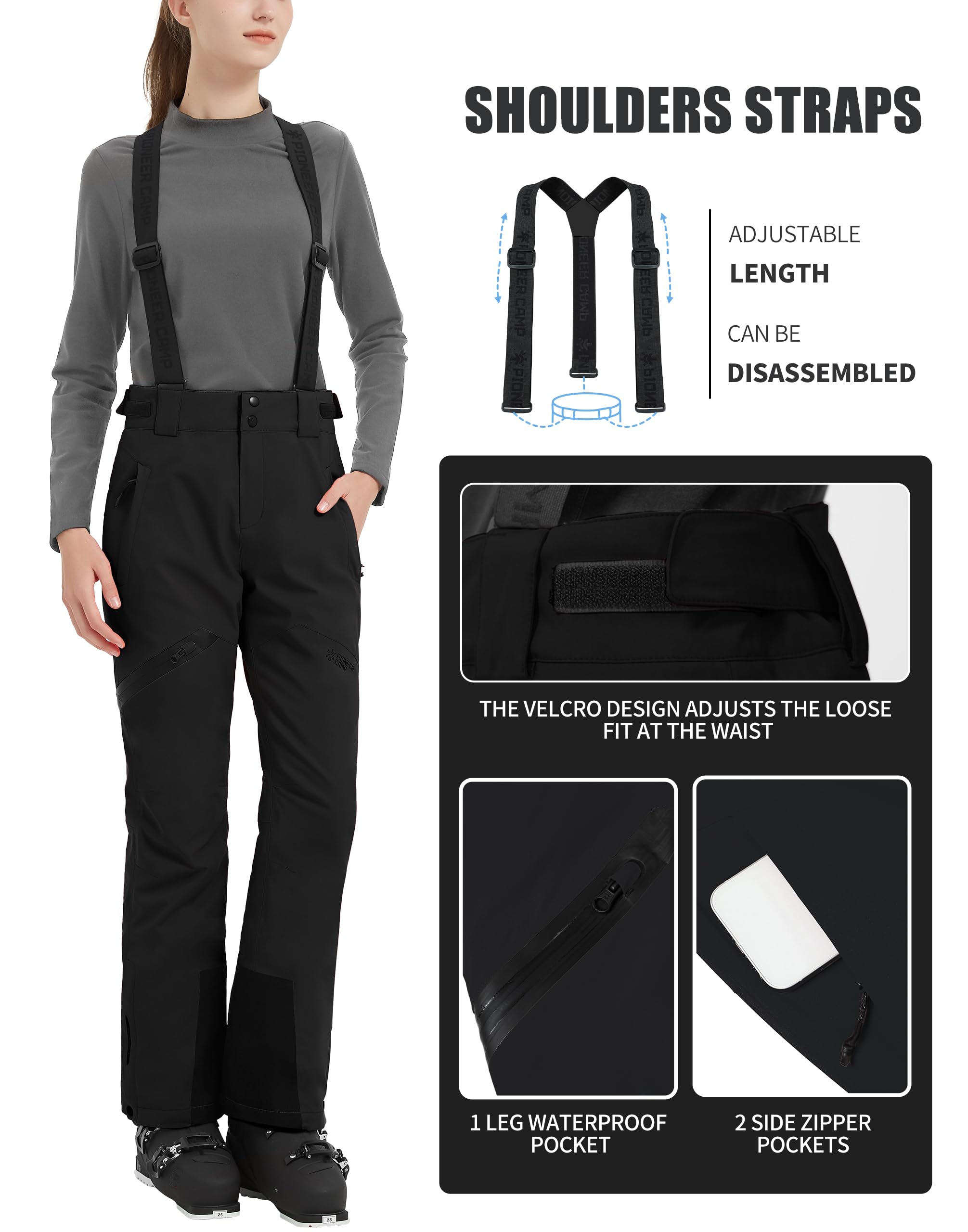 Pioneer Camp Pantaloni da Sci da Donna Cuciture Nastrate Impermeabili Ghette da Neve Integrate Ginocchio Articolato Bretelle Staccabili Regolabili Pantaloni Softshell Invernali da Esterno