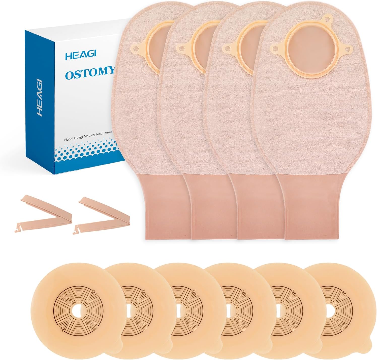 Heagimed 22pcs Ostomy Supplies, 2 Piece Colostomy Bags, 25-70 mm Cut-to-Fit Drainable Ostomy Pouch with Clamp Closure for Ileostomy Stoma Care (16 x Ostomy Bags+ 6 x Barriers+3 x Clamps)