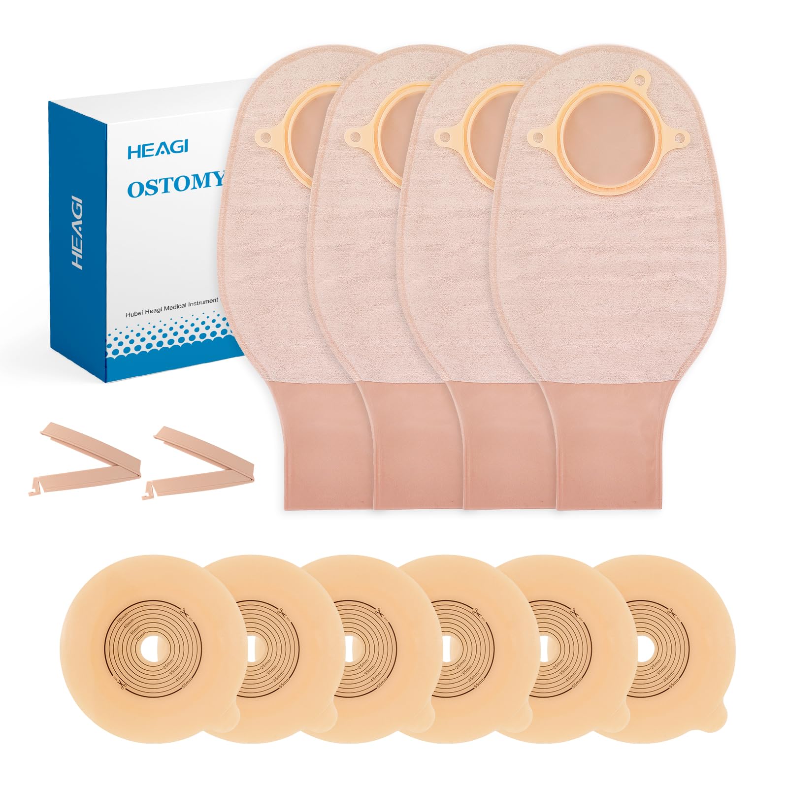 Heagimed22pcs Ostomy Supplies Stoma Bags, 2 Piece Colostomy Bags with Clamp Closure, 15-55mm Cut-to-Fit Drainable Stoma Bag for Ileostomy Stoma Care (16 x Ostomy Bags+ 6 x Barrier+2 x Clamp)