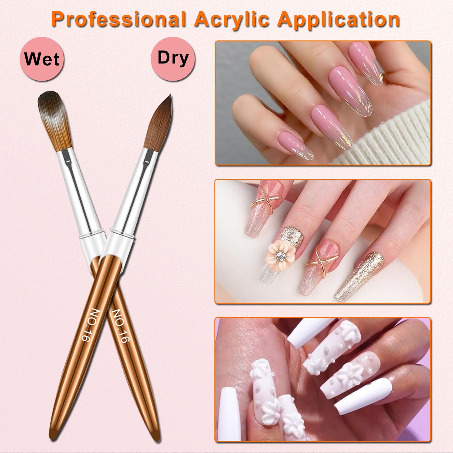 MUSILAN Acrylic Nail Brush Set, 4pcs Size 8/10/12/16 Professional Nail Art Brush for Acrylic Powder Application, 3D Carving, Nail Art Extension for DIY Home Salon Nail Art Manicure Brush Tool