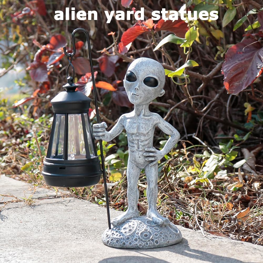 Alien Garden Outdoor Statue, Alien Stand on The Moon with Solar Light for Outdoor Decoration, Alien Garden Figurine & Statue for Front Porch Patio Yard Lawn Decor, Alien Gifts for Women Man