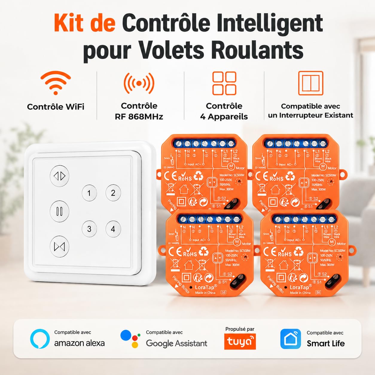 LoraTap Interrupteur Volet Roulant Double Commande: App WiFi + Télécommande Sans Fil – Voix Alexa Google Assistant – Programmation – Interrupteur Manuel Conservé – Moteur AC 4 Fils 300W