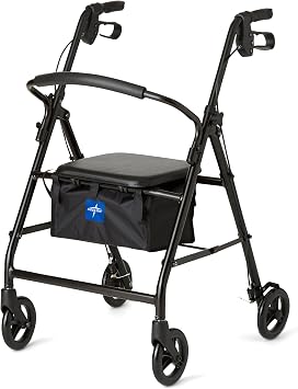 Medline Mobility Dependable Steel Rollator Walker, Black, 300 lb. Weight Capacity, 6 Wheels, Adjustable Handle, Padded Seat & Backrest, Rolling Walker for Seniors and Mobility Impaired
