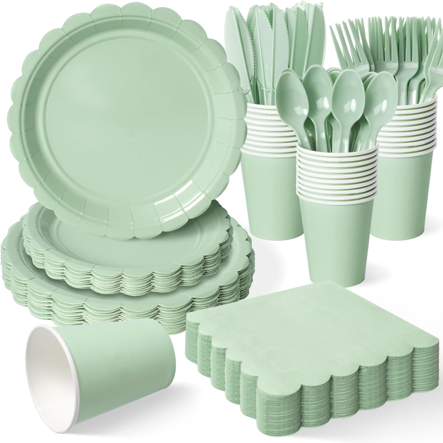 Vyntra 350 Pcs Sage Green Disposable Paper Plates and Napkins Set for 50, 9" Dinner Plates & 7" Dessert Plates, Tableware for Bridal Shower, Birthday, Garden Party