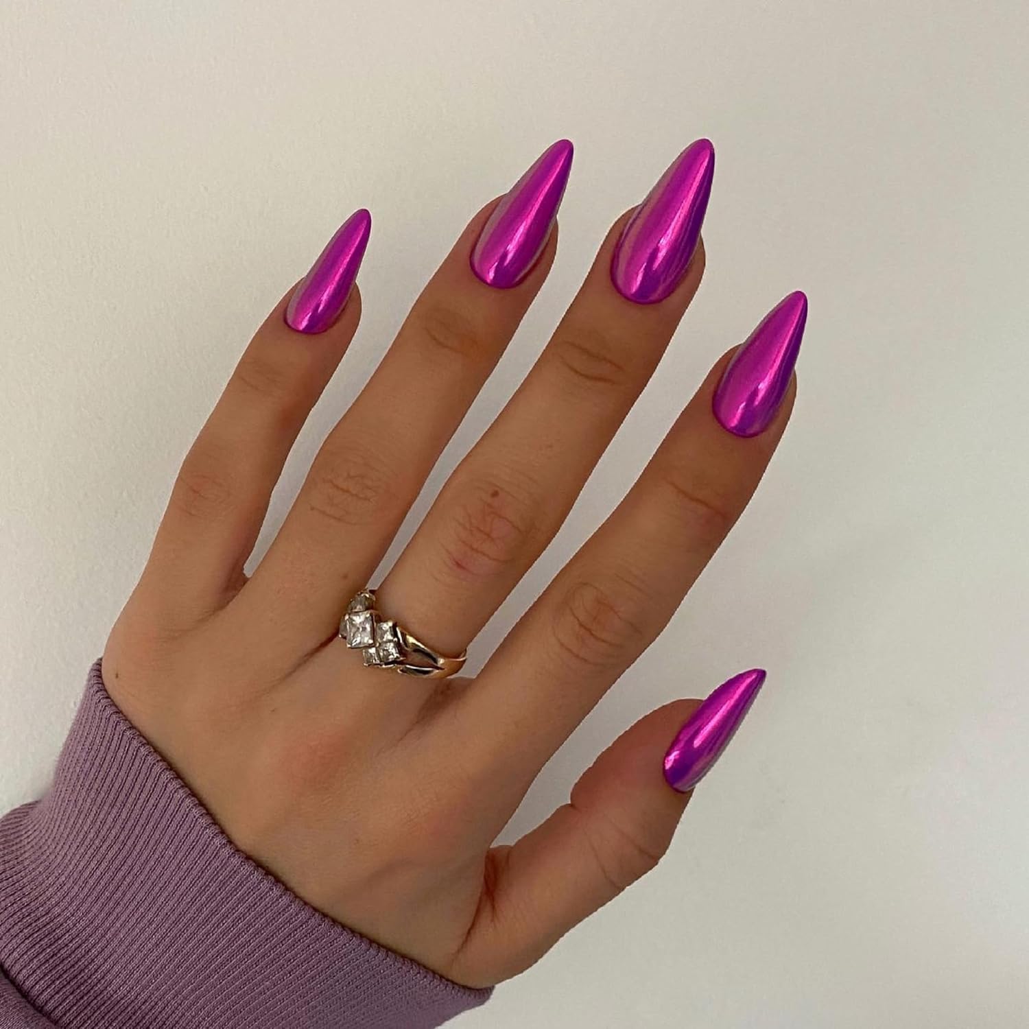 Metallic Purple False Nails Almond, SXVME Chrome Press On Nails Medium, Glazed Shine Fake Nails with Mirror Effect - Image 3