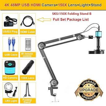 Soldering Microscope 4K UHD Electronic Digital Microscope IMX327 HDMI USB Soldering Camera 130X 150X 180X Zoom Lens for PCB Repair Tools(4K 48MP IMX327 HDMI+150X Folding Stand B)