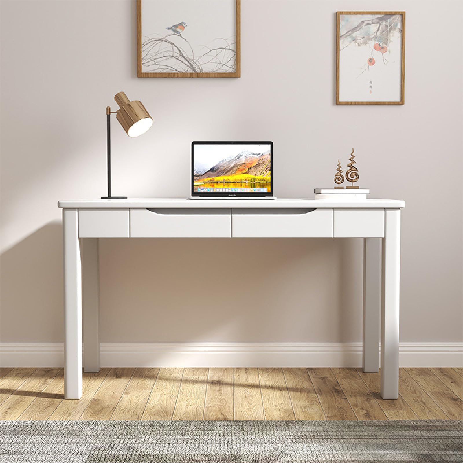 Amazon | デスク、引き出し2つ付き無垢材コンピューターデスク、幅21.6