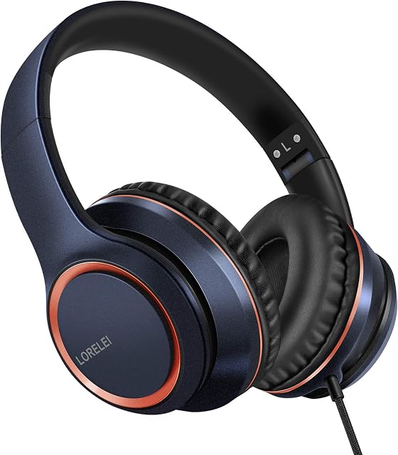 LORELEI X8 Casques filaires avec micro avec ligne de nylon sans angle de 1,45 m et prise 3,5 mm, léger pliable & Casques portables pour Smartphone, Tablette, Ordinateur,Mp3/4(Bleu foncé)