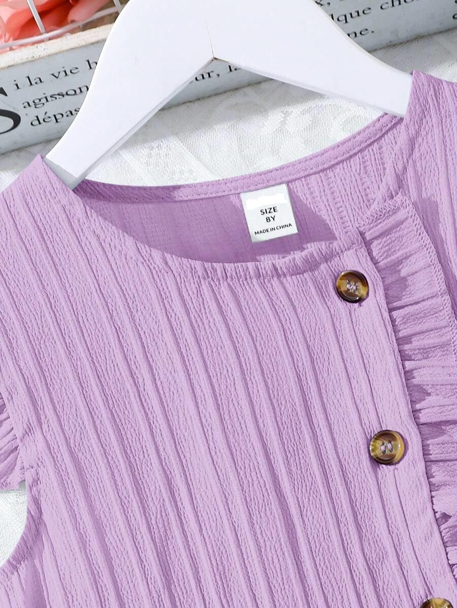 PAMBERSTON Baby Girl's Polyester Blend Frock with Short Ruffle Sleeves Round Neck Solid Pattern A Line Style Knee Length and Waist Bow Purple 3