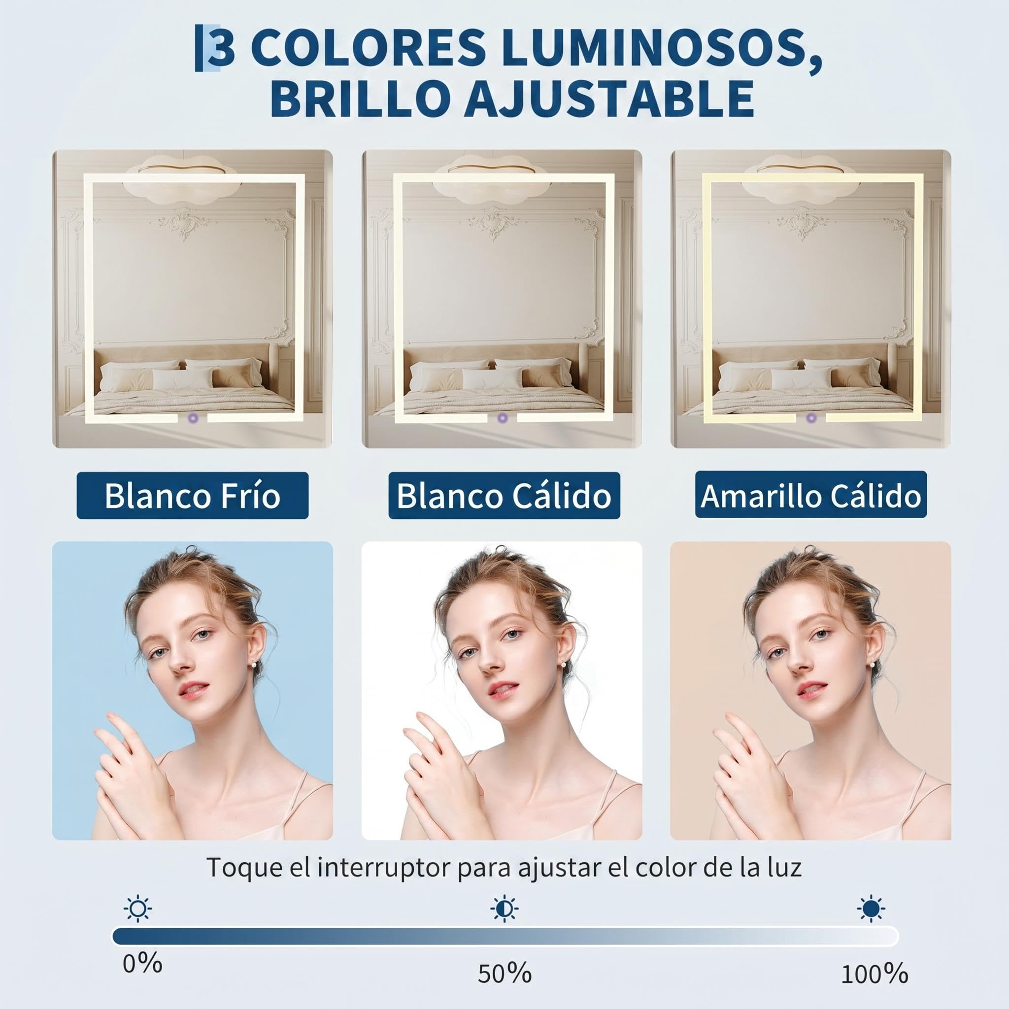 Tocador De Maquillaje Con Luz, Taburete De Almacenamiento, Espejo Y Luces LED Táctiles (3 Colores/3 Modos), Panel Abatible Para Ampliar Encimera, Cajón Grande Y Estantes Abiertos, 50 x 40 x 150,Blanco