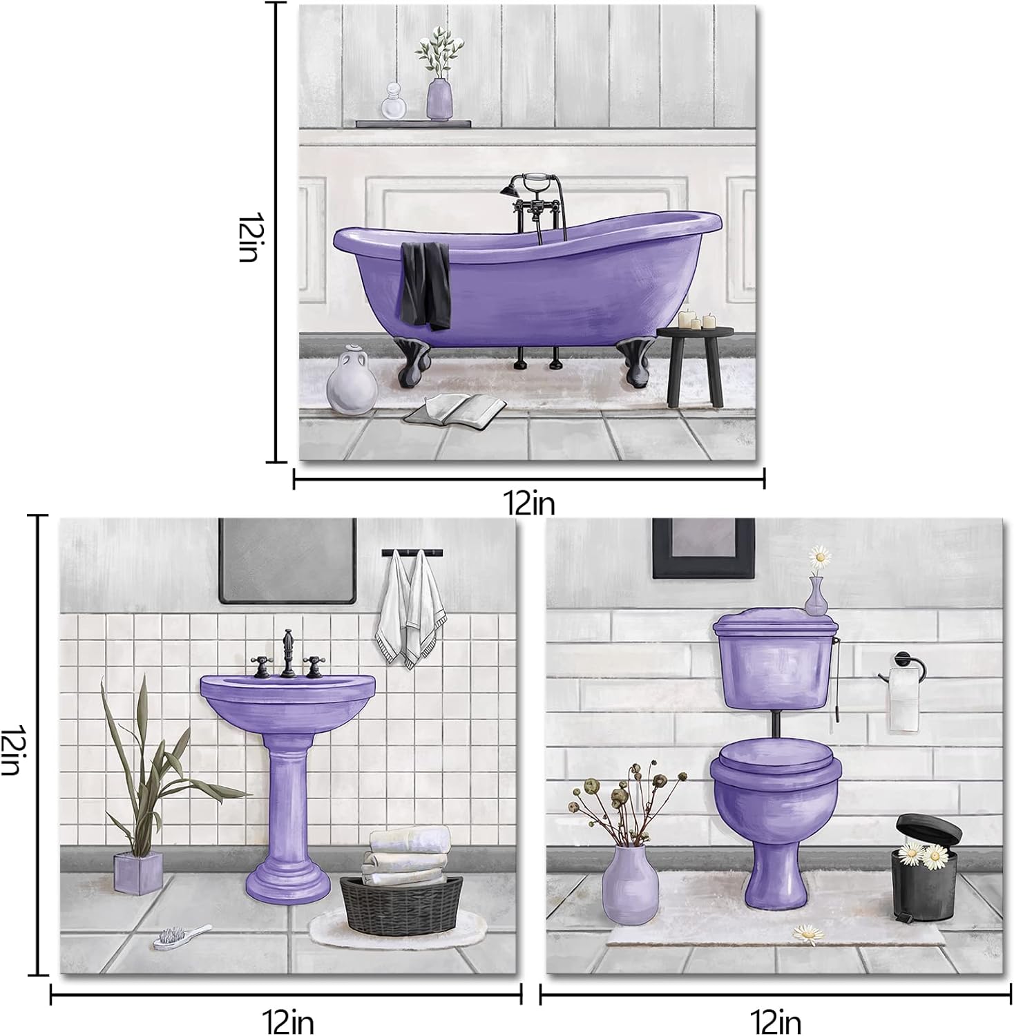 HOMEOART Bathroom Wall Art Bath Tub Painting Picture Bathroom Wall Decor Framed Ready to Hang 12x12inchx3 Purple