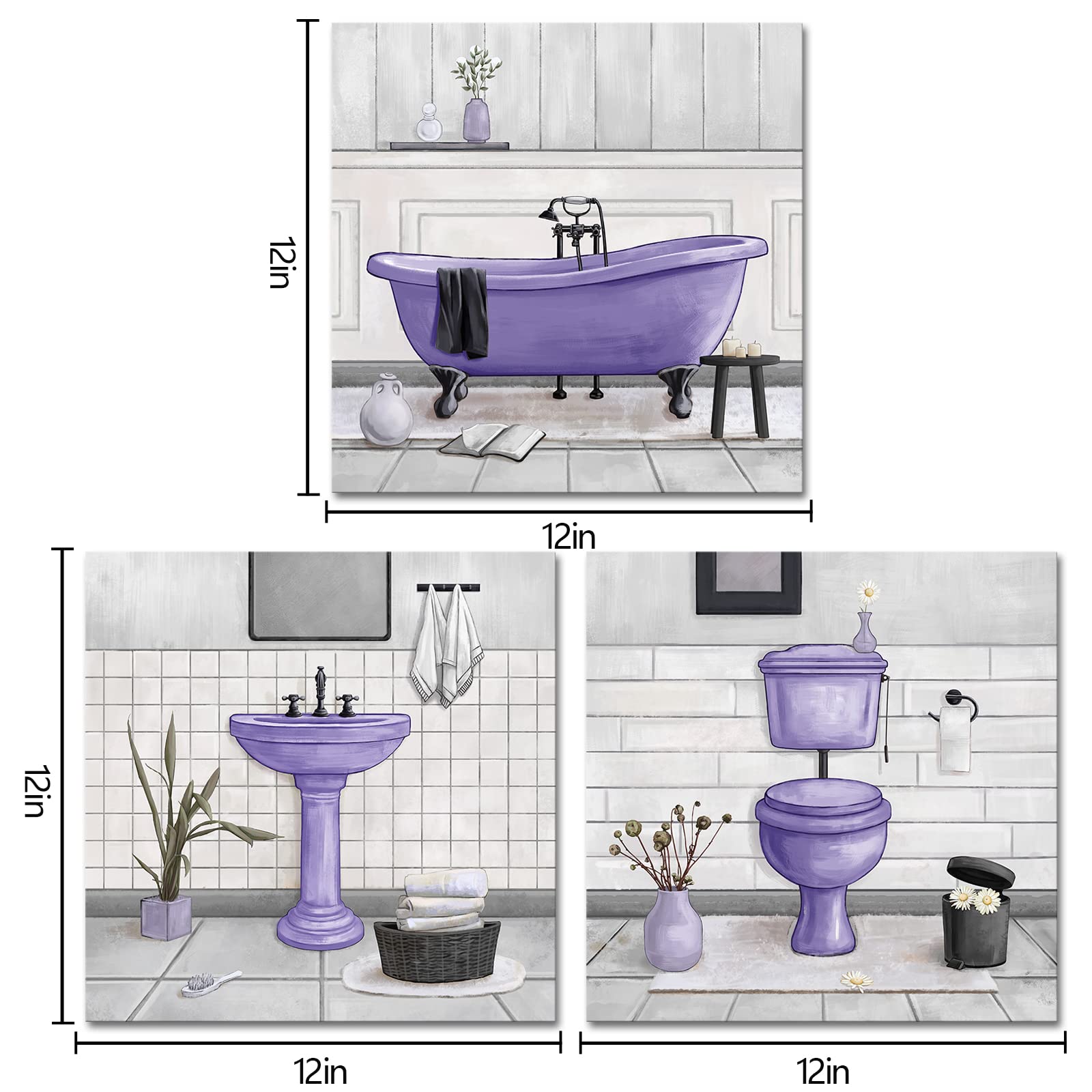 HOMEOART Vasca da bagno da parete per bagno, decorazione da parete con cornice, pronta da appendere, 30 x 30 cm x 3 cm, viola