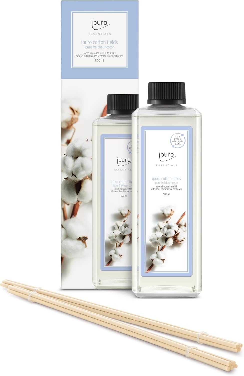 ipuro - Essentials Refill Cotton Fields Room Fragrance - Refill Room Freshener with Star Anise, Vanilla Flower & Geranium, Rose, Violet, Cedar Wood Fragrance Aroma - Air Freshener Refill Bottle 500 ml