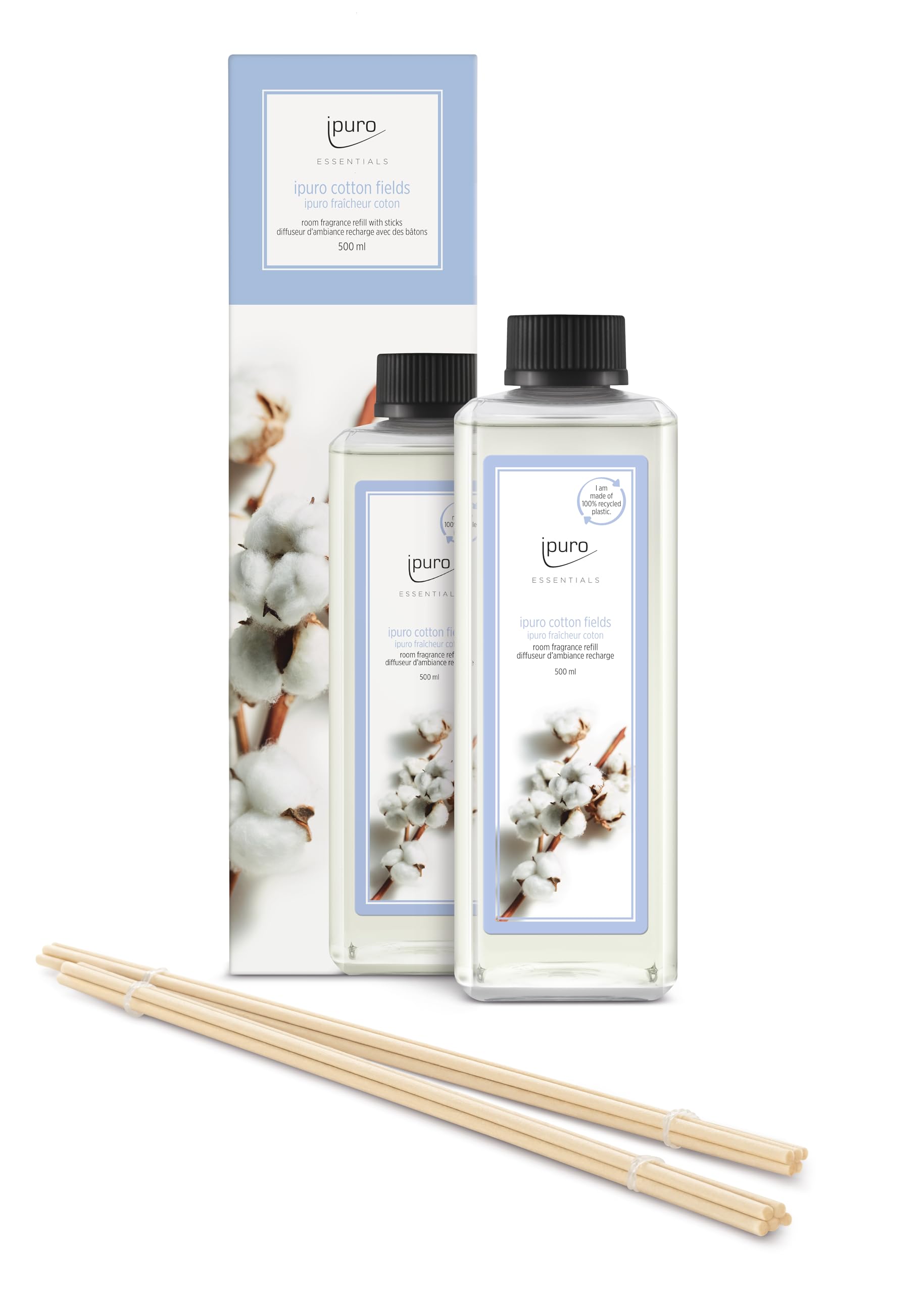 ipuro - Essentials Refill Cotton Fields Room Fragrance - Refill Room Freshener with Star Anise, Vanilla Flower & Geranium, Rose, Violet, Cedar Wood Fragrance Aroma - Air Freshener Refill Bottle 500 ml