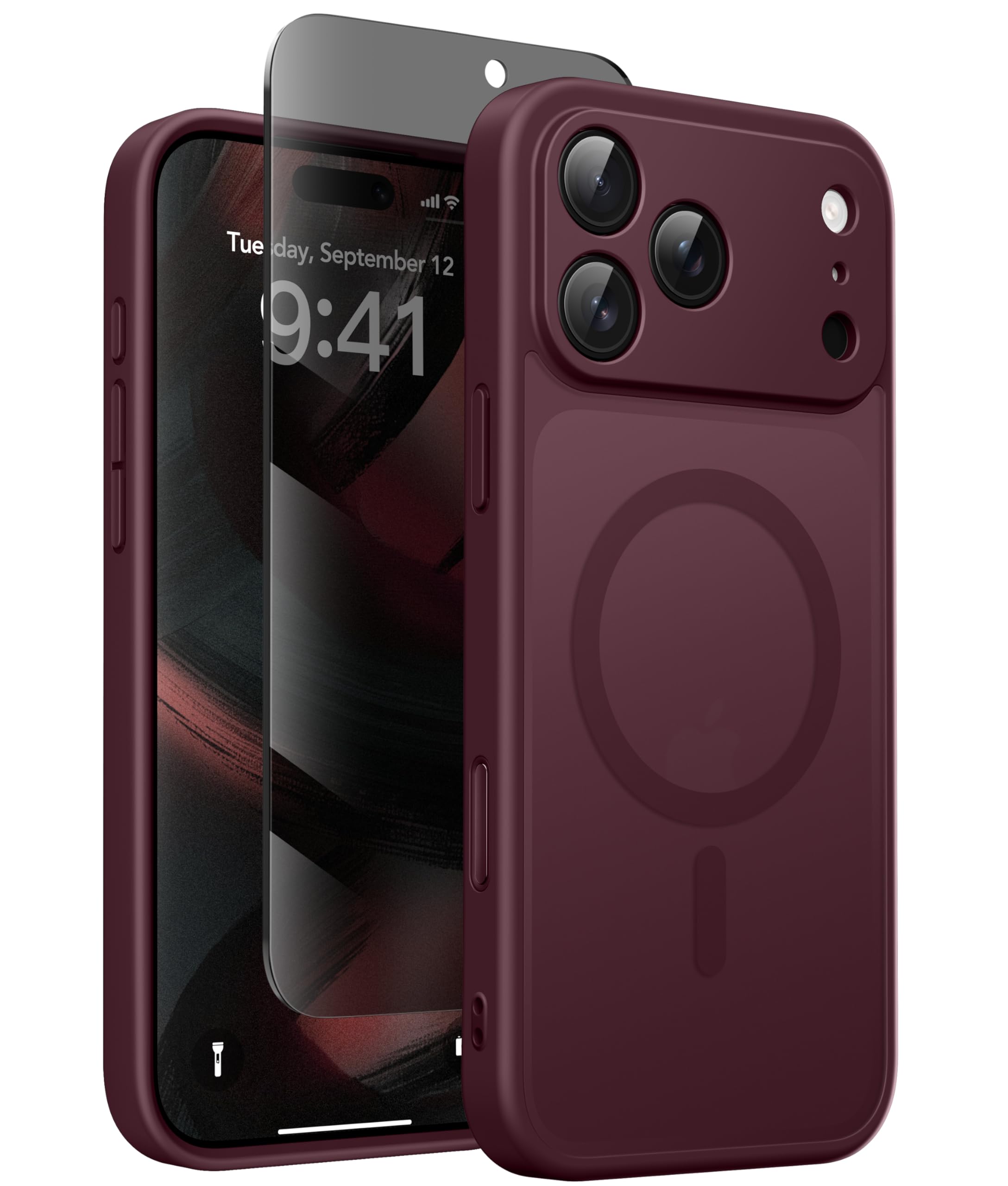 Magnetic Case for iPhone 17 Pro Max with Privacy Screen Protector [Compatible with MagSafe][Camera Protection][Military-Grade][Camera Control Cover]Translucent Matte 17 ProMax Phone Case,Wine Red