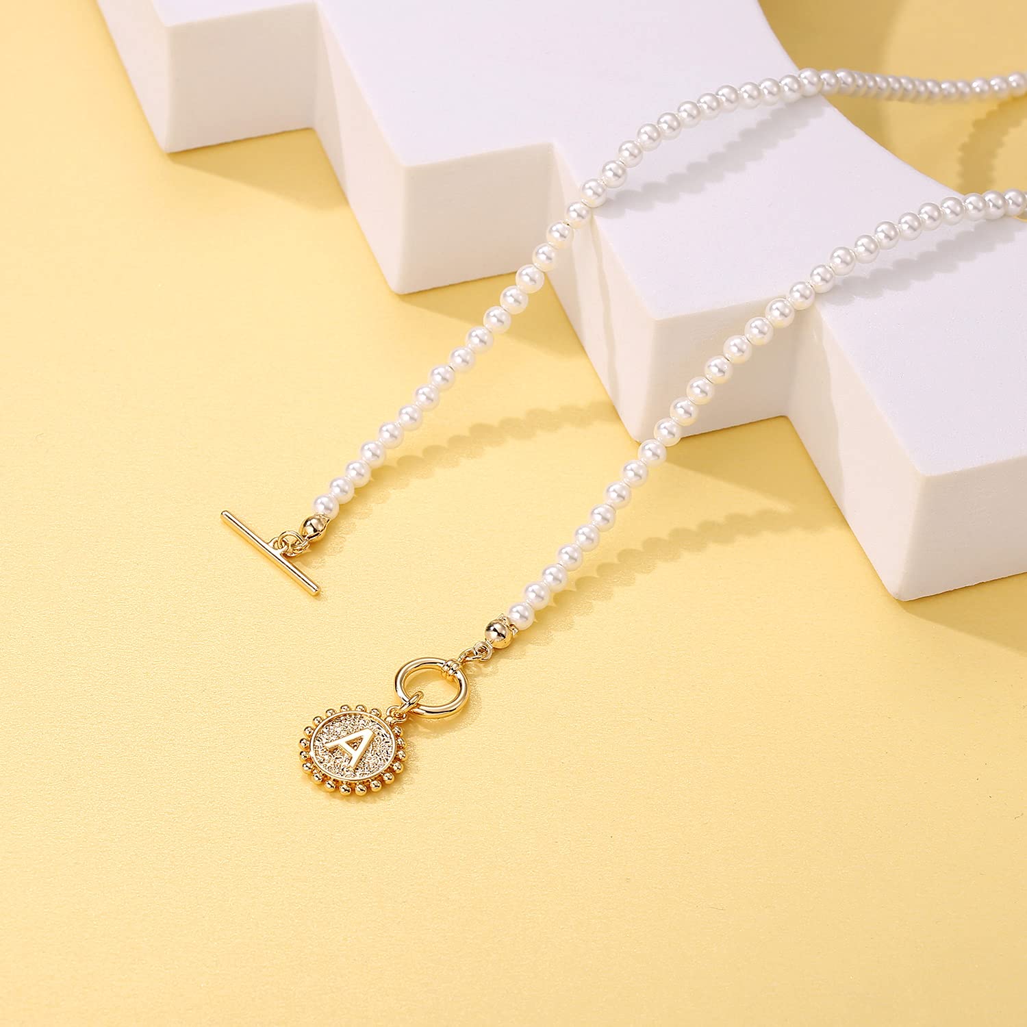 Initial Choker Pearl Necklace for Women, 14K Gold Plated Handmade 4MM Simulated Pearl Necklace Choker Dainty Toggle Clasp T Initial Coin Pendant Pearl Necklace Jewelry Gifts for Women (T)