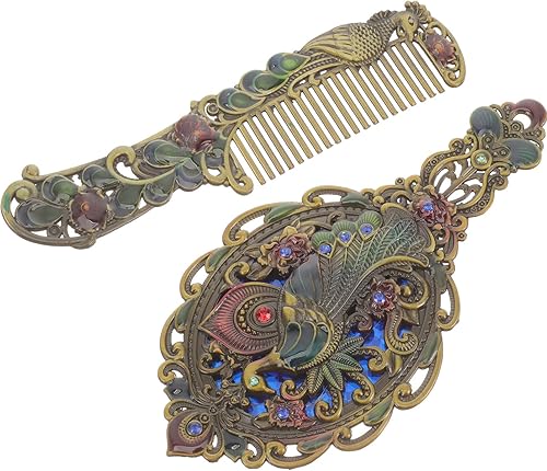 Beaupretty Juego de peine de espejo antiguo, 1 juego de espejo de maquillaje de mano de metal vintage con un peine en relieve, pavo real a mano,