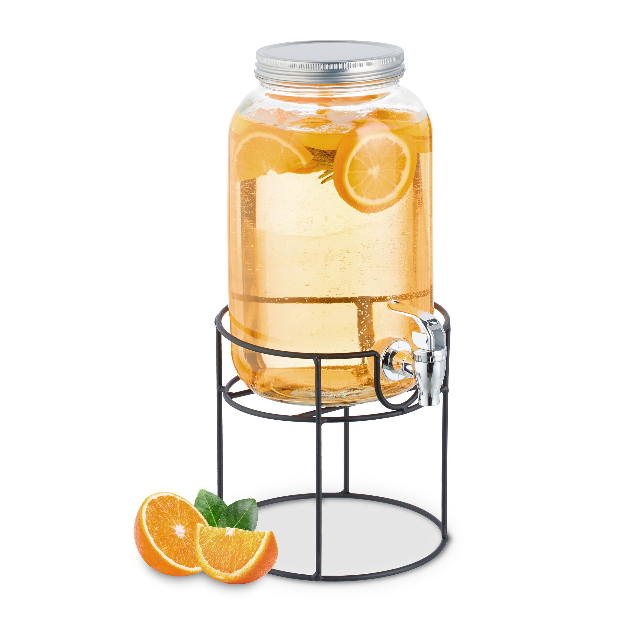 Relaxdays Dispensador de Bebidas con Soporte, Grifo y Tapa, Cristal, Surtidor de Agua y Limonada, 3,3 L, Transparente