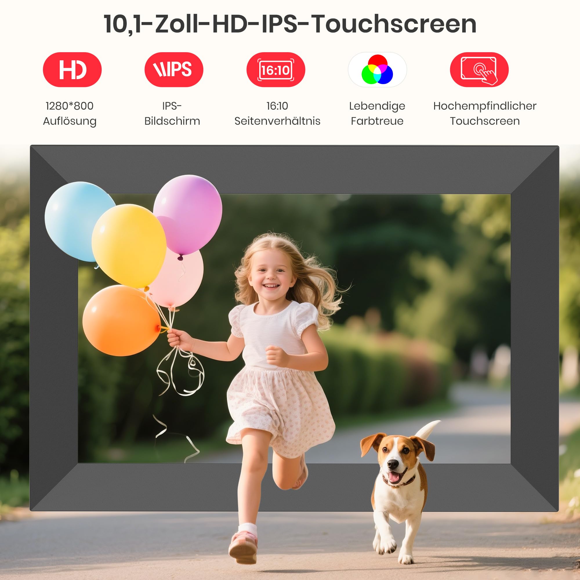 Frameo 10,1-Zoll-WLAN-Digitaler Bilderrahmen mit 32 GB Speicher, 1280 x 800 IPS-Touchscreen, Intelligenter Elektronischer Bilderrahmen, Wandmontierbar, Automatische Drehung, Fotos/Videos Über Frameo-A