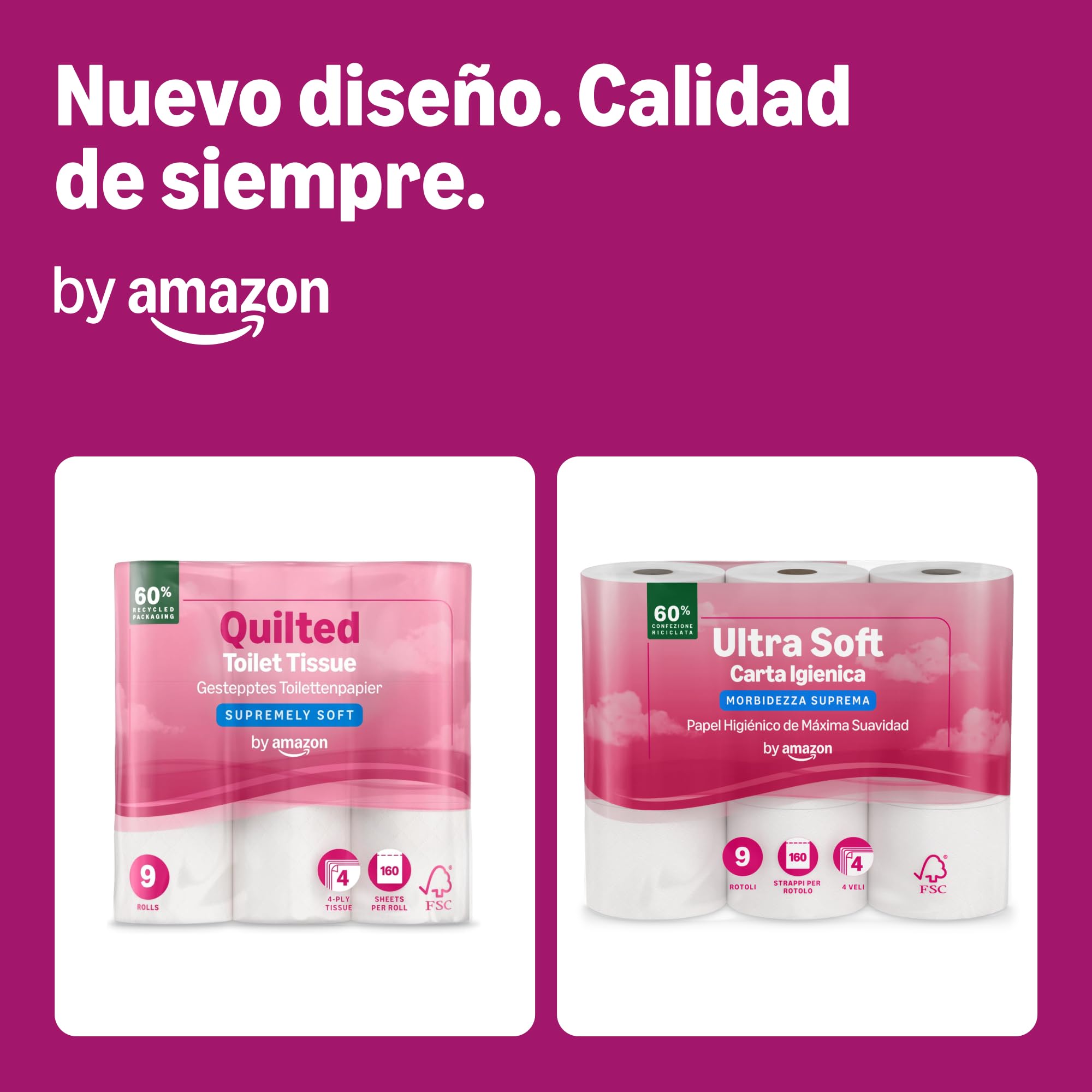 by Amazon Papel Higiénico Ultrasuave, 4 Capas, 9 Rollos (1 Paquete de 9), 160 Hojas por Rollo, Certificado FSC