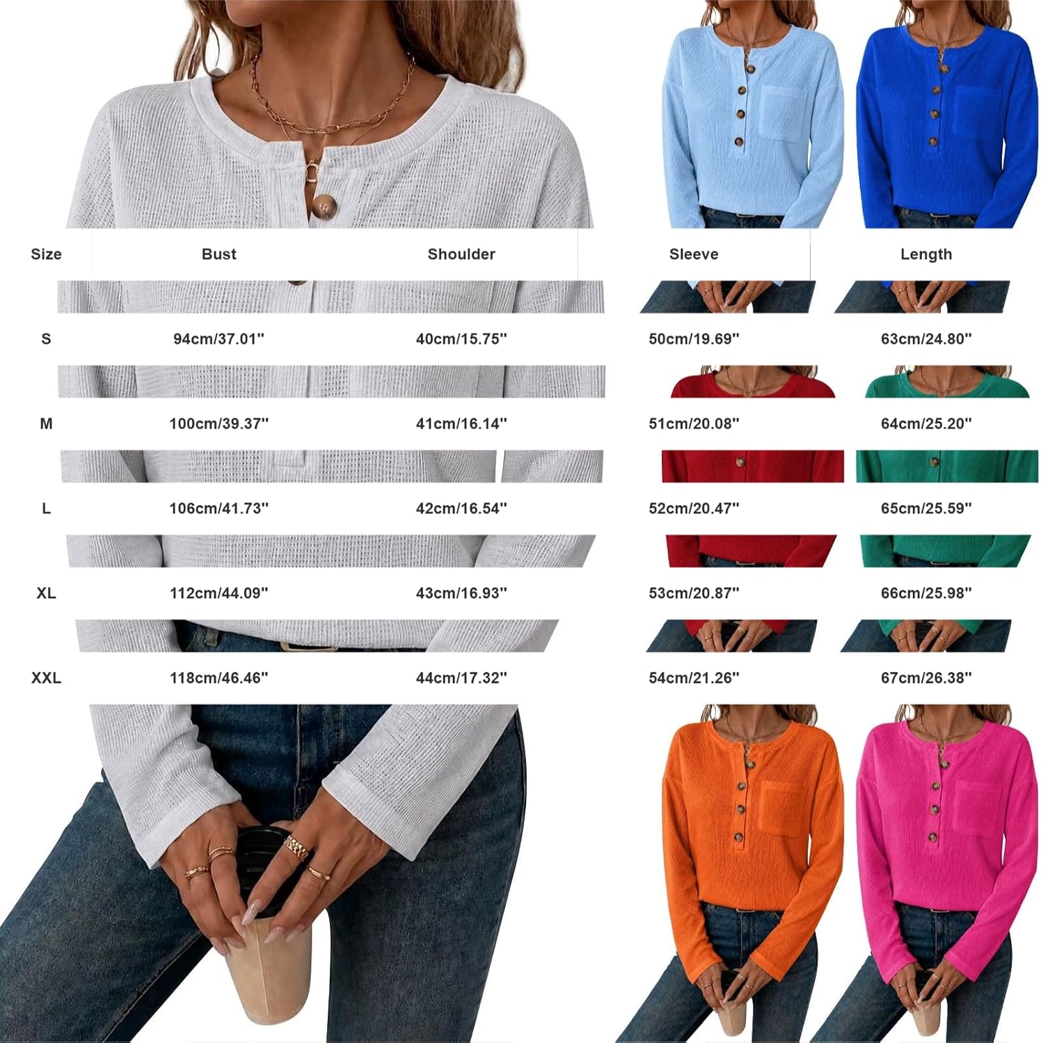 Womens Henley Tops,Long Sleeve,Waffle Knit,Ribbed,with Pockets image 5