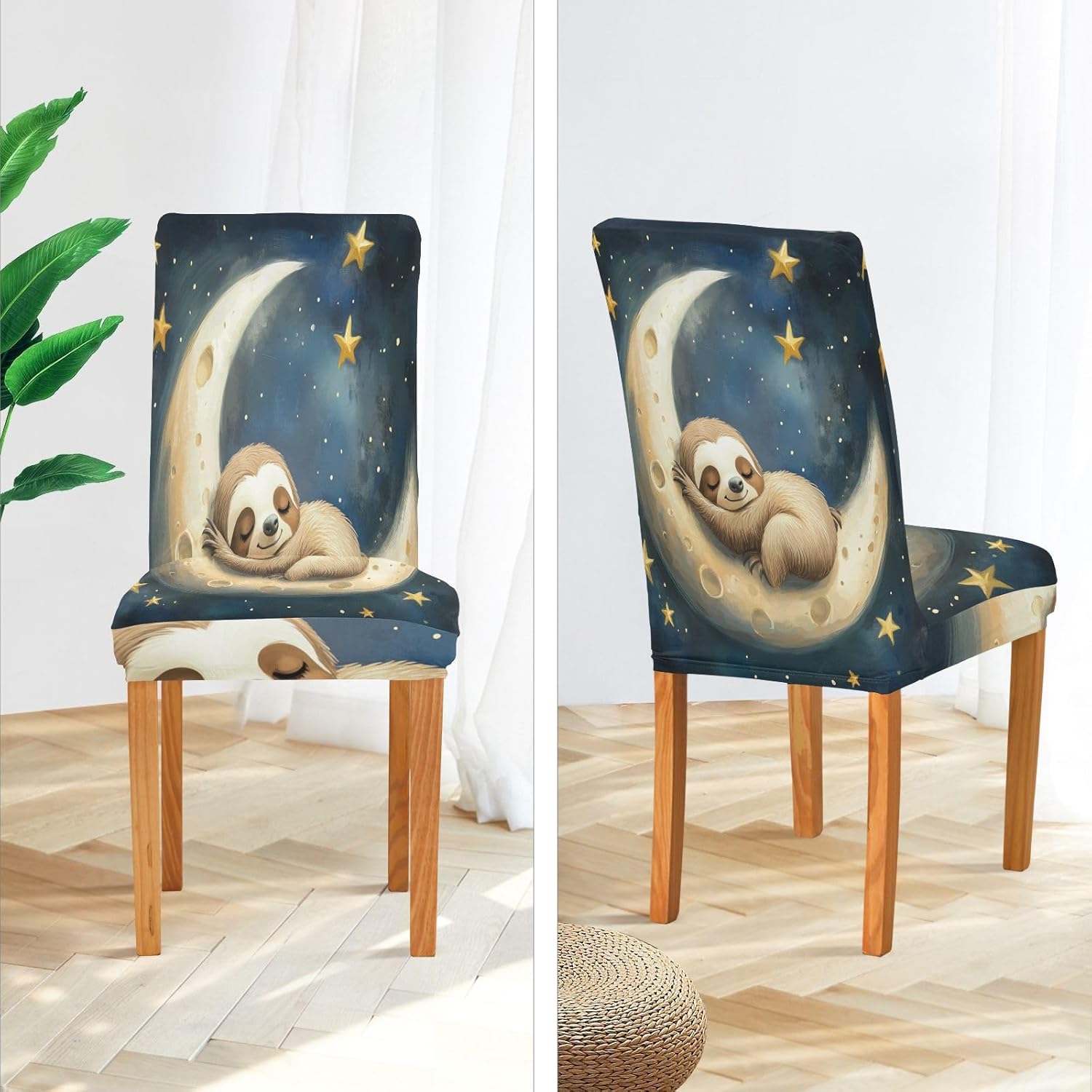 ALAZA Chair Covers for Dining Room, Sloth Sleeping on The Moon Stars Stretch Chair Cover Sets Chair Protector Removable Washable for Ktichen Restaurant Hotel