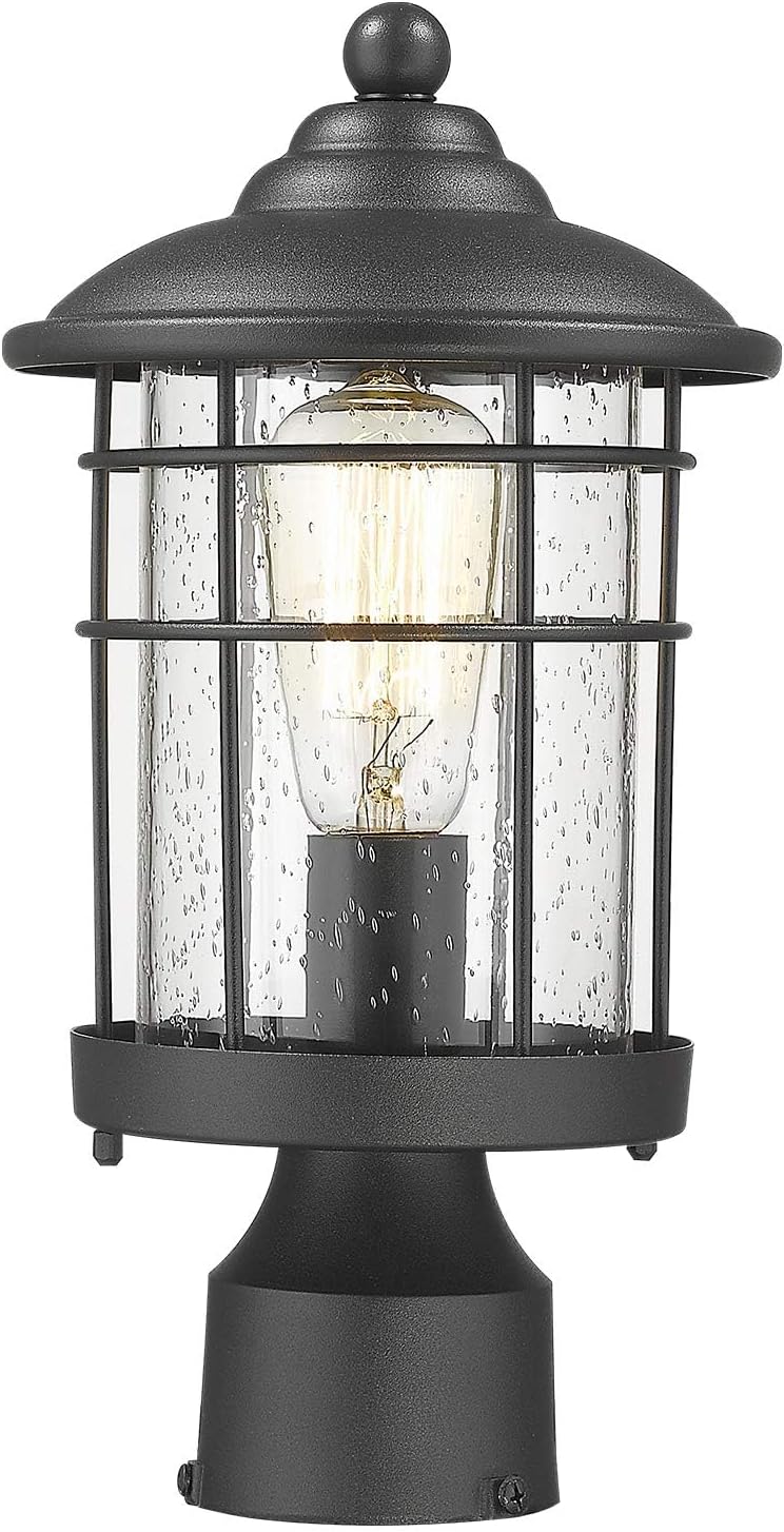 Emliviar 13 Inch Outdoor Post Light Waterproof Modern Lamp Post Lantern - Black Finish with Seeded Glass, 1803CW2-P-R