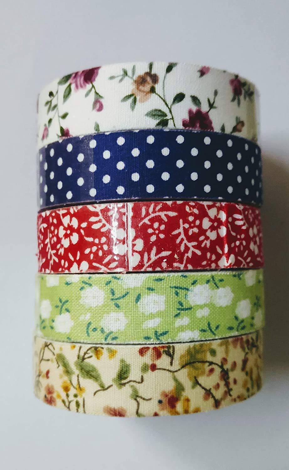 Hobby Tek Printed Fabric Tape Roll for Gift Packing and Decoration (Random Print, 4.5mtr,15 mm) -5 Roll