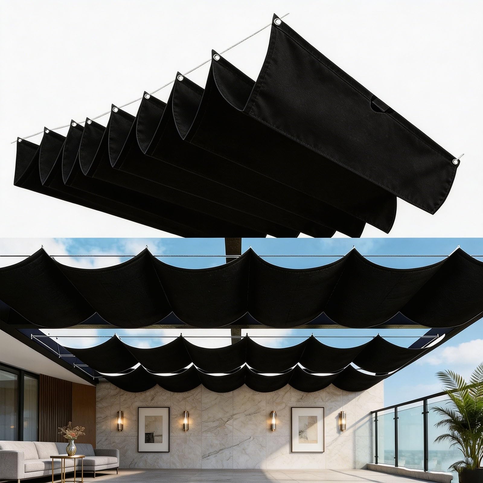 Voile d'ombrage vague rétractable noir 100x150 cm pour pergola