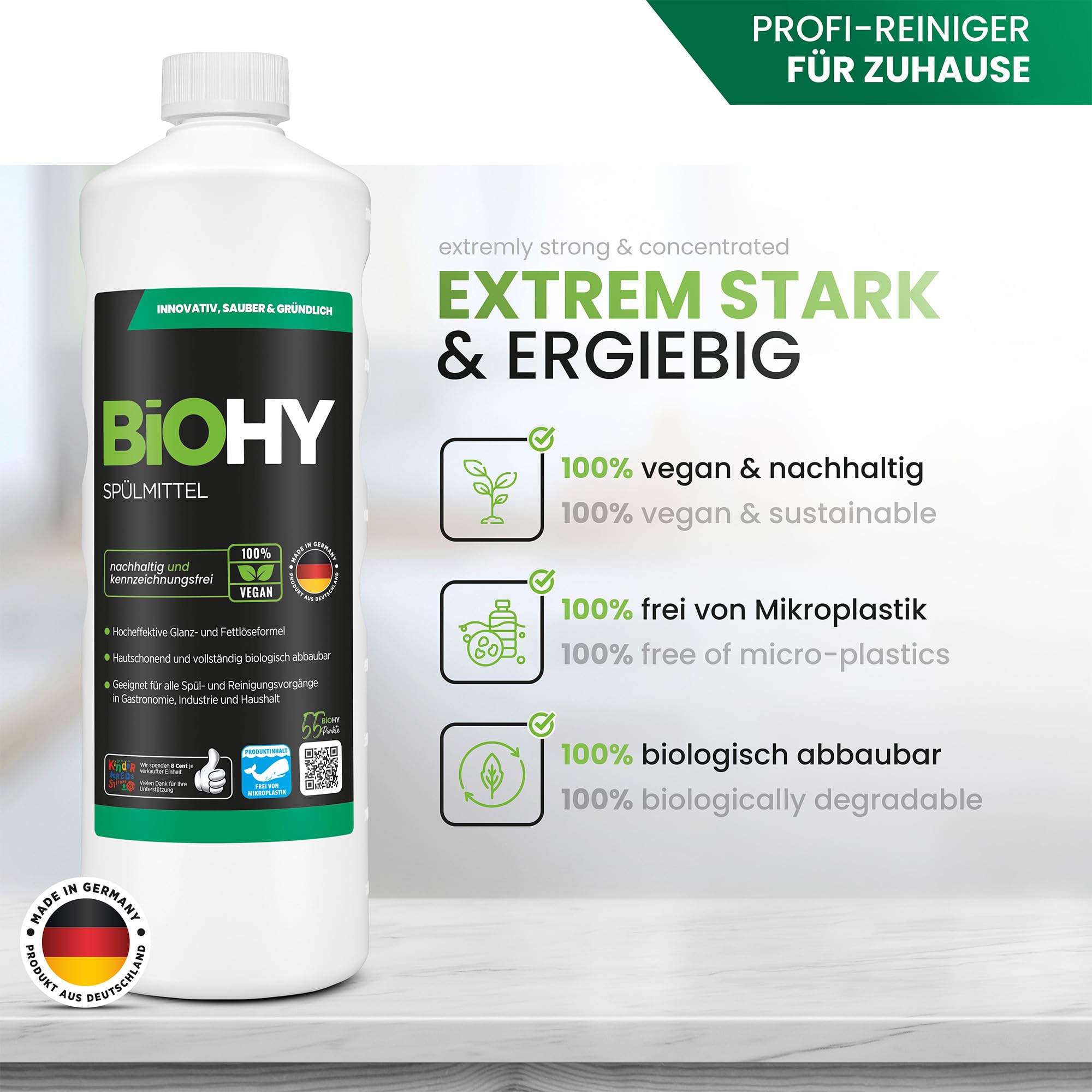 BiOHY Detersivo per piatti (12 bottiglie da 1l) | Privo di sostanze chimiche nocive e biodegradabile | Formula lucida e dissolvente per grassi (Spülmittel)