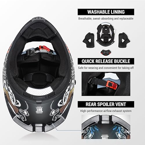 Miniatura 5 de TRIANGLE Cascos de motocicleta con visera completa para adultos, hombres y mujeres, con visera doble y protector solar interno, aprobado por DOT