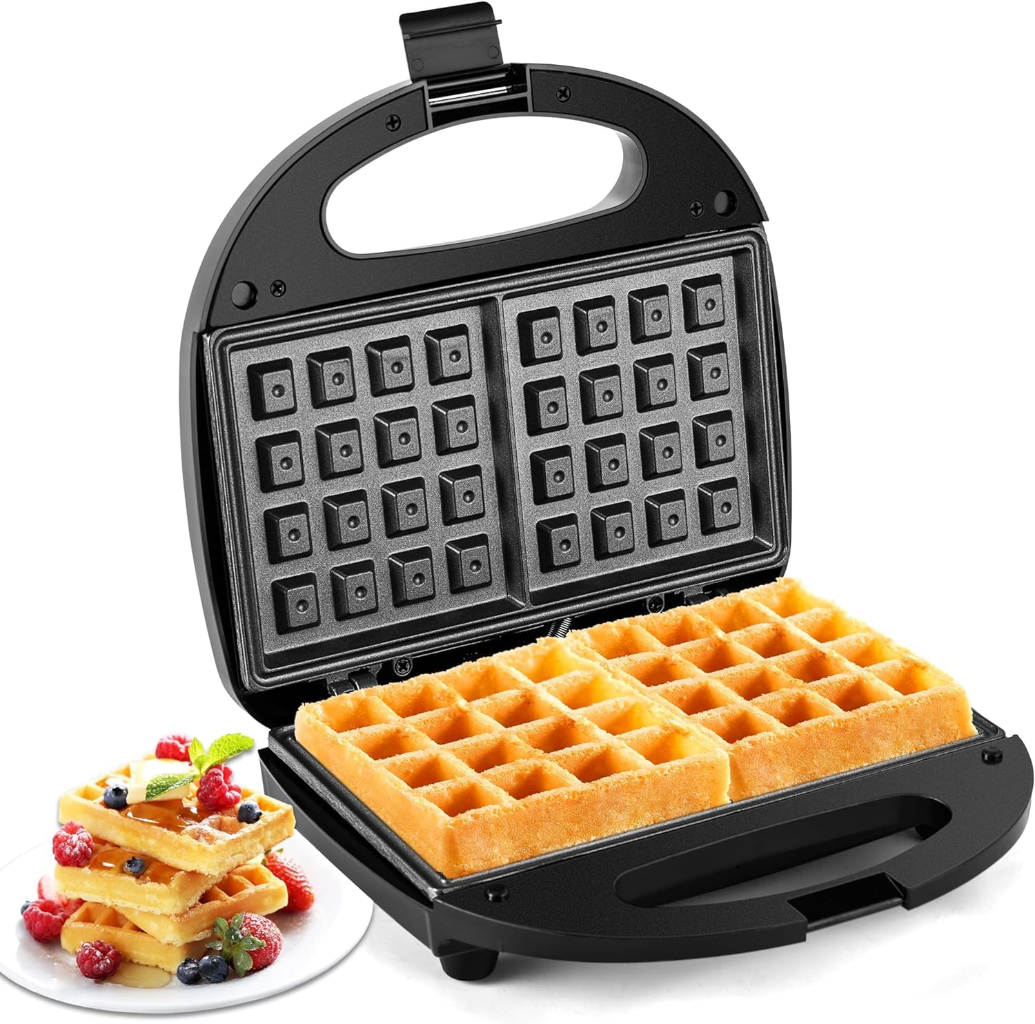 YOMYM Waffle Maker, 2-Slice Waffle Iron with Nonstick Plates, Easy To Clean, 750W Fast Heating, Compact Design, Cool Touch Handle, Black