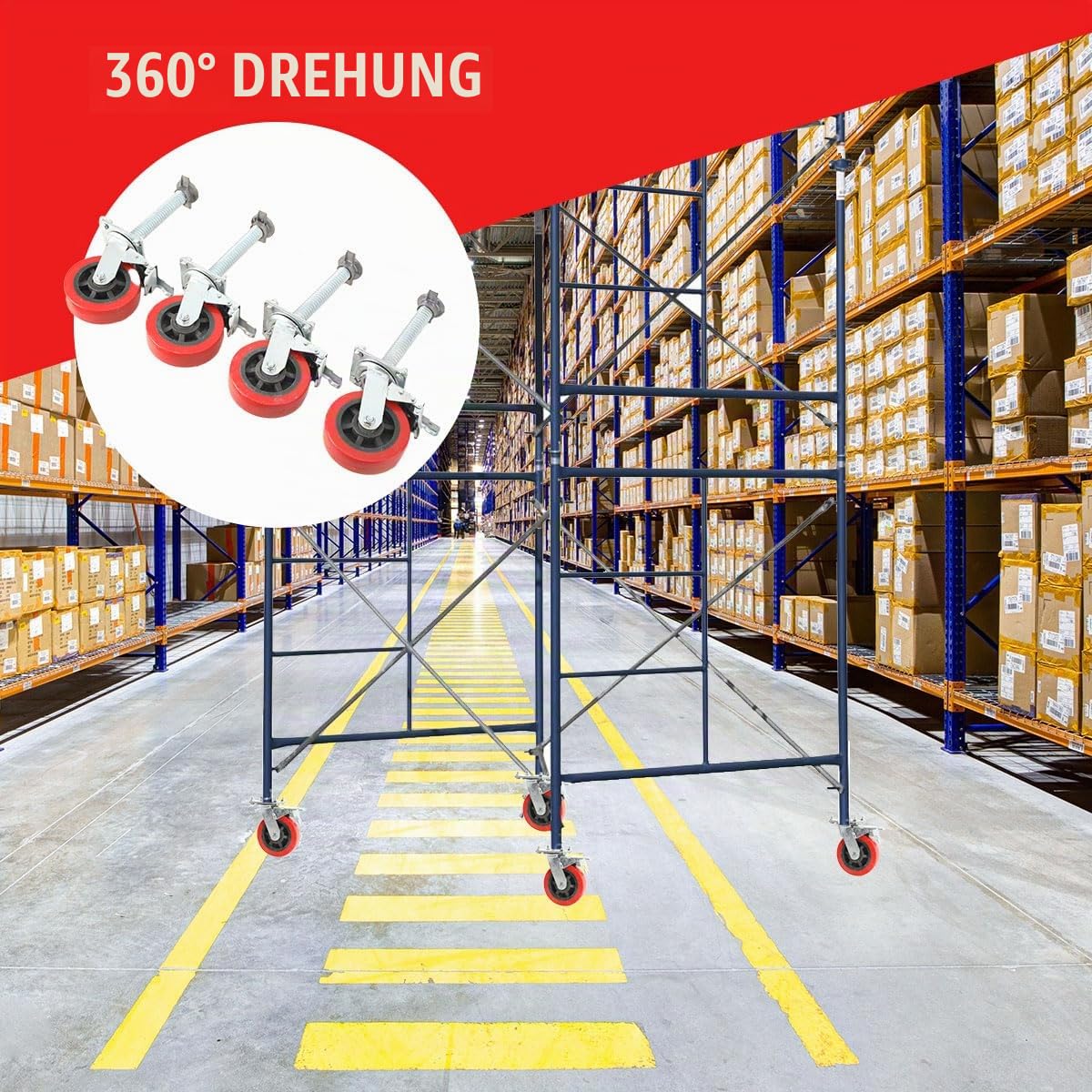 LALABU 4 Stück Gerüstrollen 150mm,360° Drehbar Gerüsträder Rollfüße Spindelrollen mit Bremse,Lenkrollen für Gerüst Tragfähigkeit 500KG