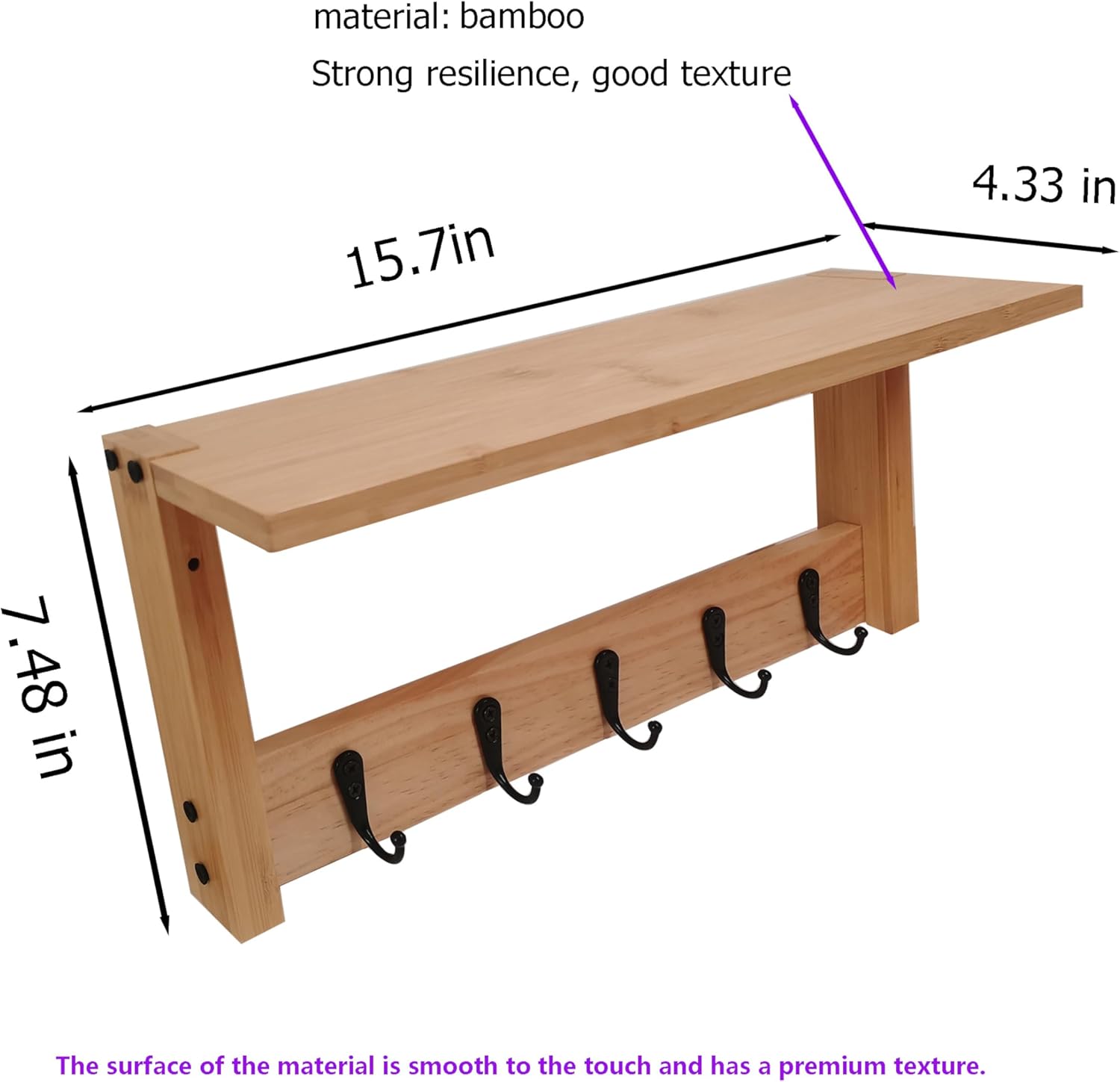 Wall Shelf with Hooks, Multi-Purpose Wooden Shelf & Metal Hooks for Home Entryway, Living Room,Office - Heavy Duty Coat Rack Organizer Hanging Coats, Bags, Key Holder