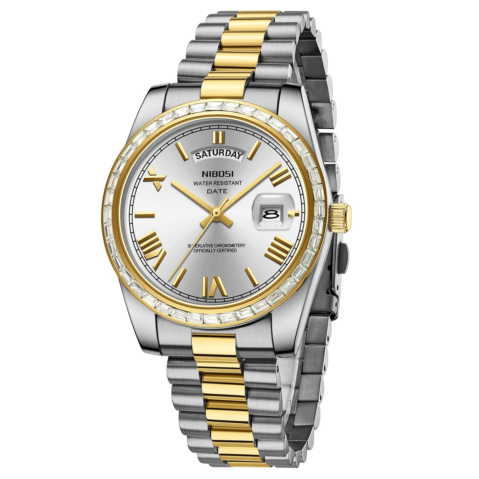 NIBOSI Orologi da uomo analogico al quarzo lunetta con diamanti quadrante in acciaio inossidabile oro rosa argento orologi da uomo impermeabili Business Classic Dress orologio da polso con giorno data